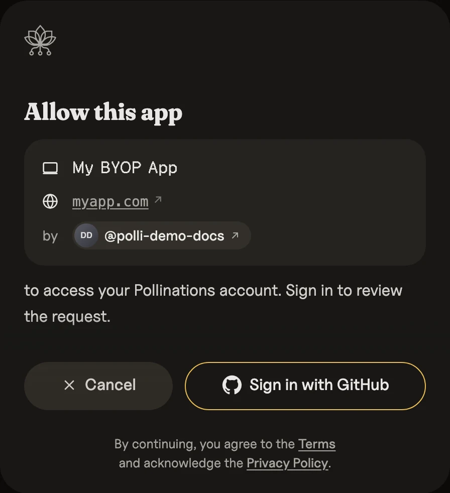 Allow this app, signed out: sign in with GitHub