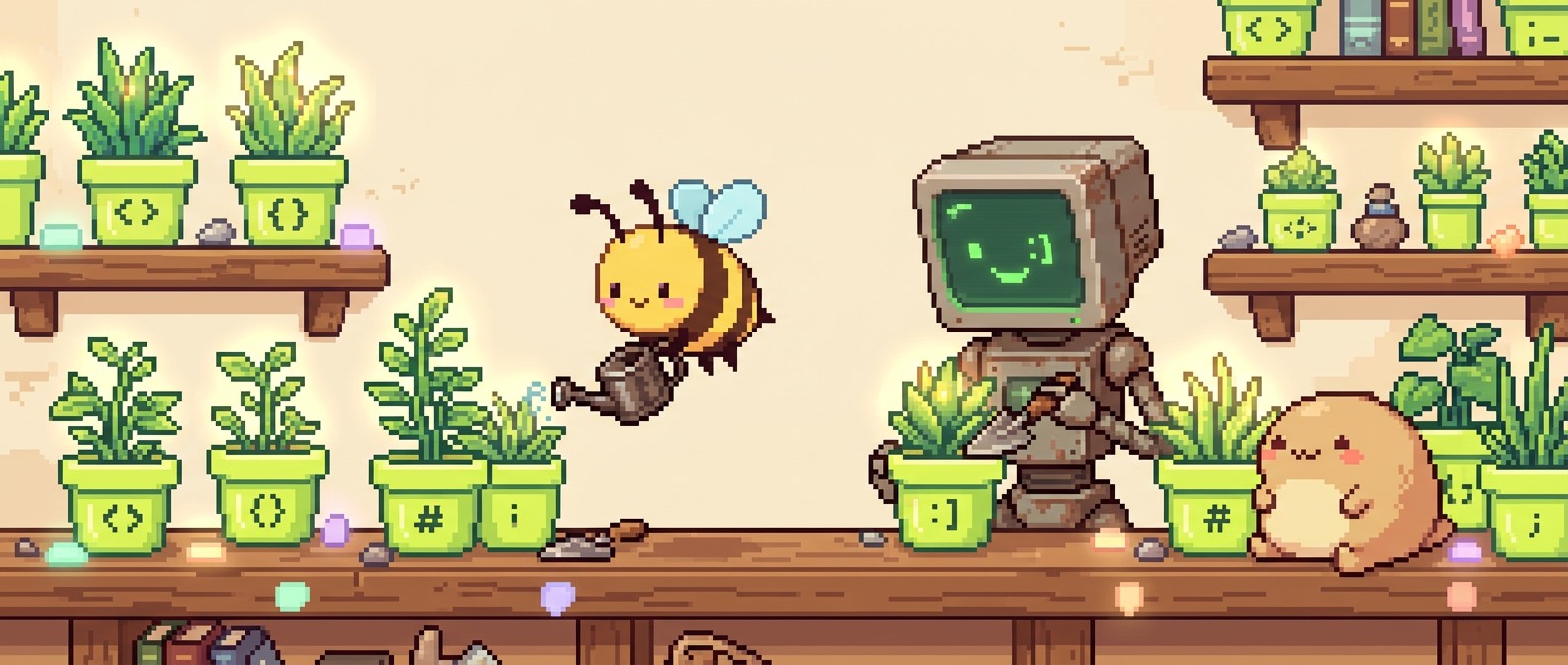 Pixel art garden shelf — supporter plants in labeled pots, robot watering, bee with watering can