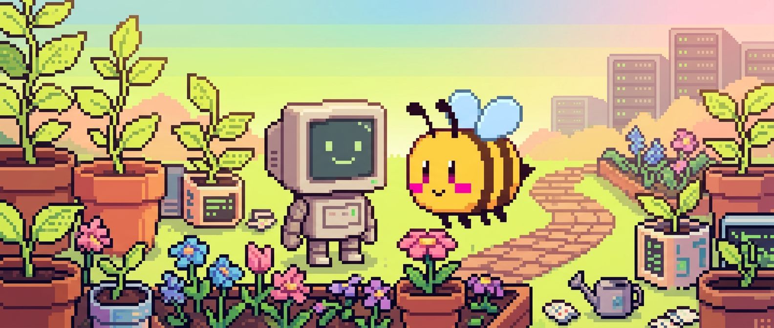 Pixel art robot and bee in a cozy digital garden — Stardew Valley vibes