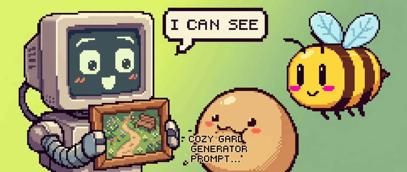 Robot holding generated image saying I CAN SEE, nomnom creature eating prompt text