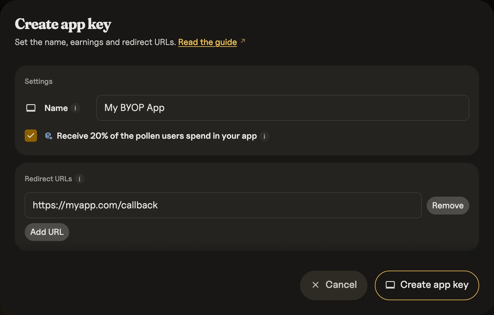 Create app key dialog with a name and redirect URL
