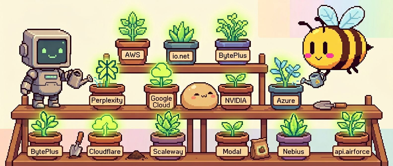 Pixel art garden shelf — supporter plants in labeled pots, robot watering, bee with watering can