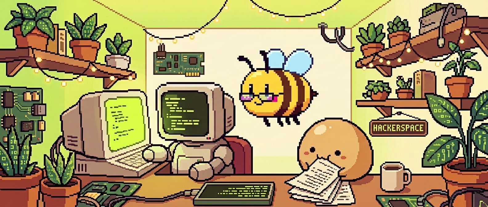 Pixel art cozy hackerspace — robot at terminal, nomnom creature eating code, bee with glasses