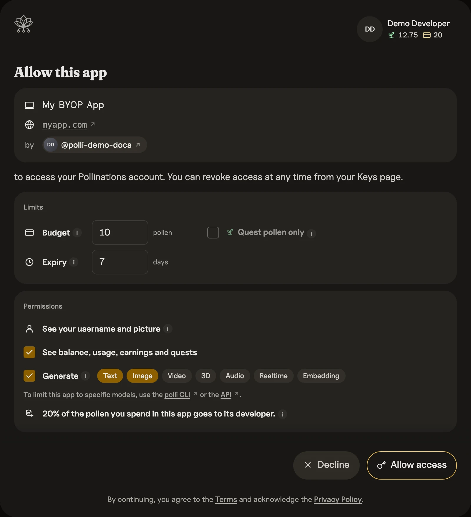 Allow this app, signed in: budget, expiry and permissions