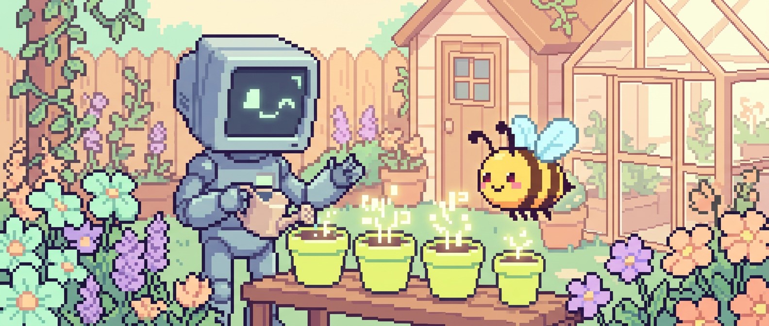 Pixel art robot and bee in a cozy digital garden — Stardew Valley vibes