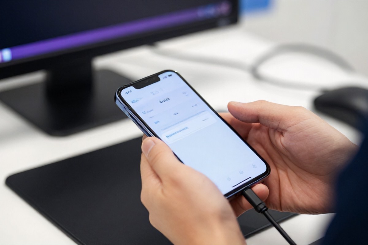 Technician performing diagnostic check on a refurbished smartphone at a testing station