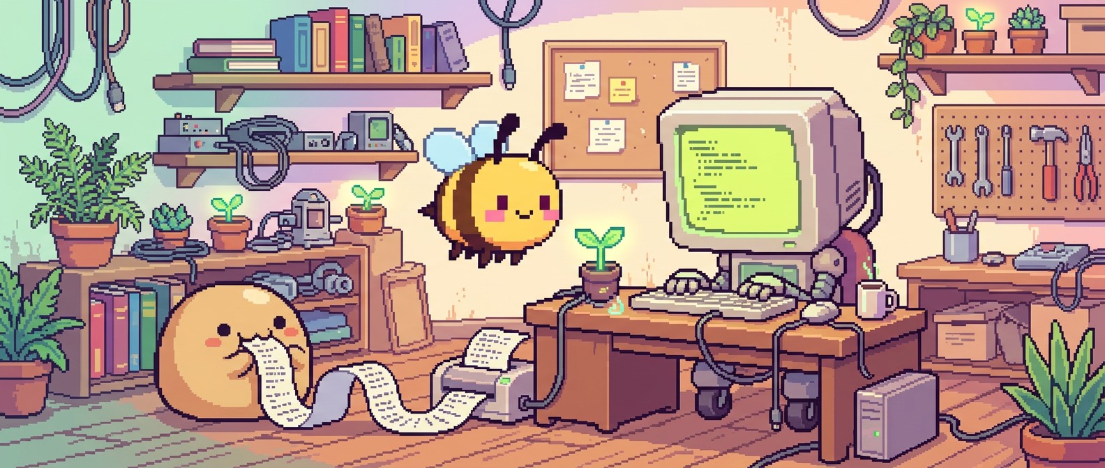 Pixel art cozy hackerspace — robot at terminal, nomnom creature eating code, bee with glasses