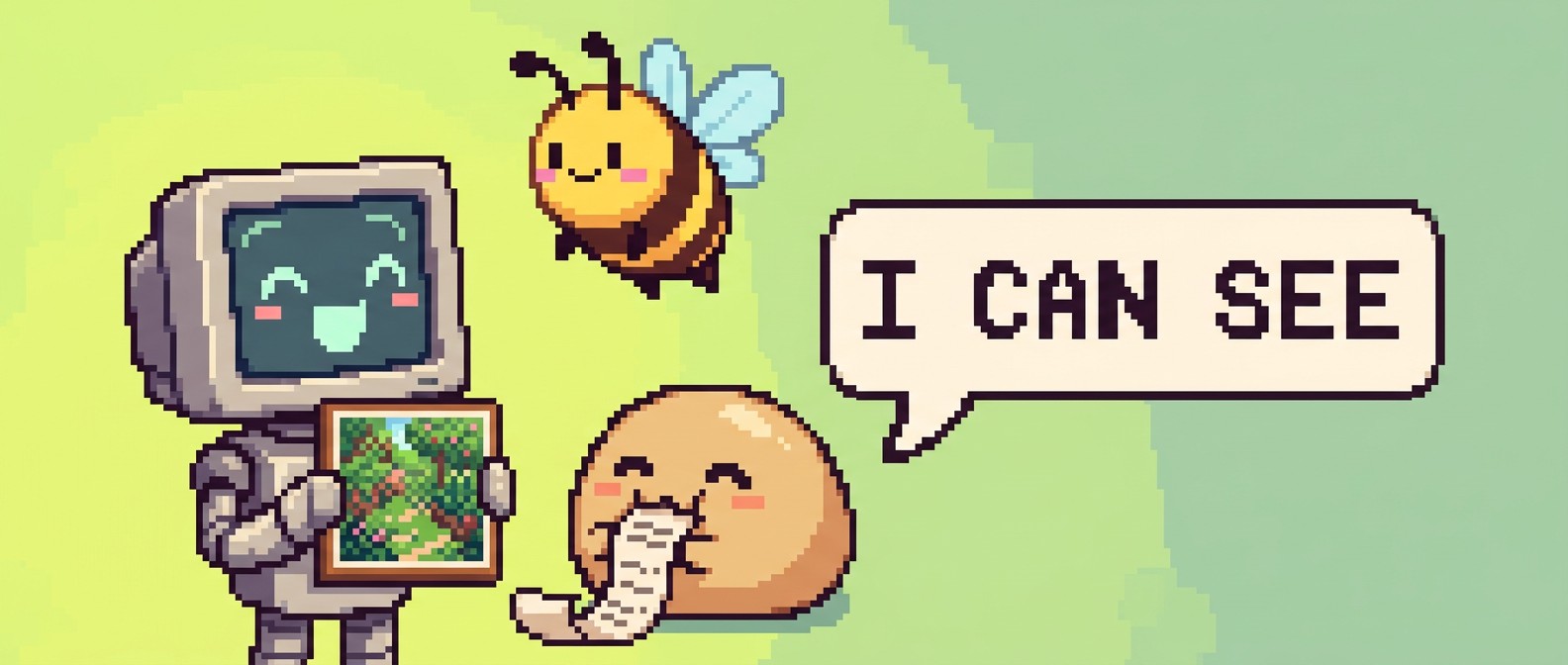 Robot holding generated image saying I CAN SEE, nomnom creature eating prompt text